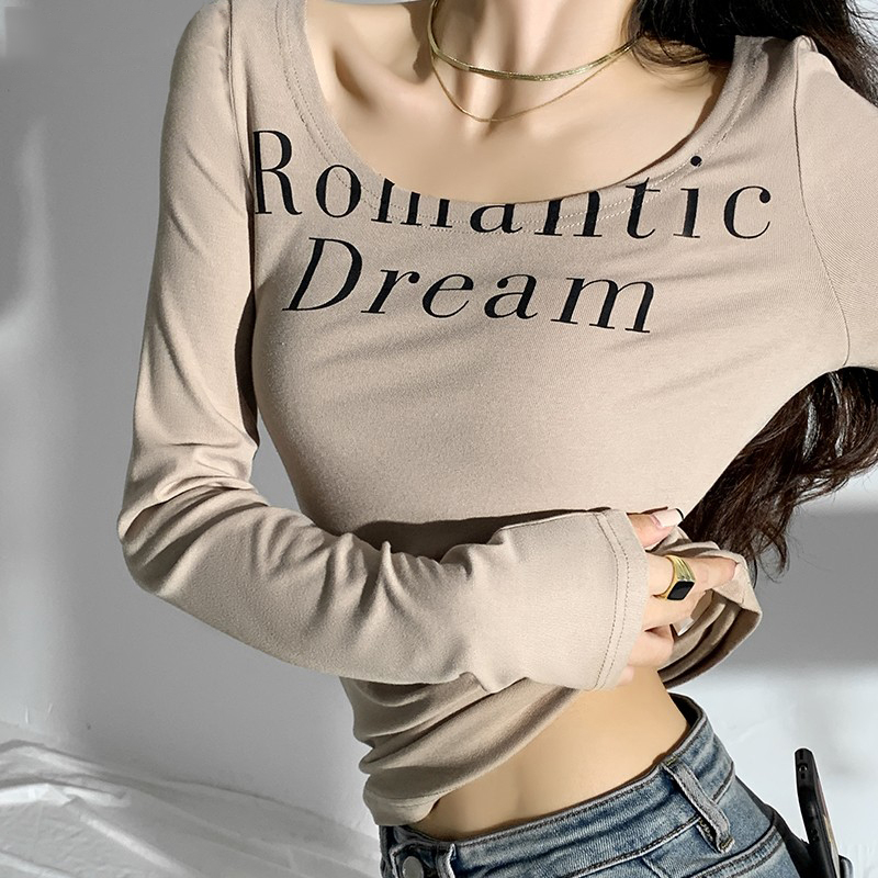 Official picture 6535 stretch cotton autumn milk tea color long sleeve round neck t-shirt top women's slim fit