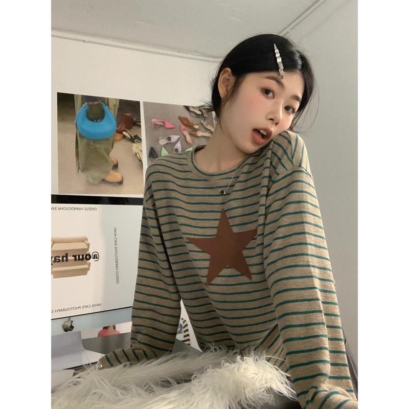官圖 220克6535拉架棉 美式小眾復古條紋長袖t恤女2023秋季