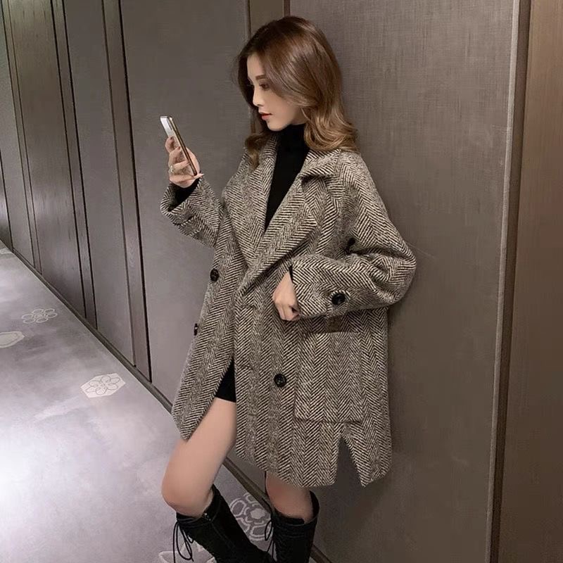 格紋西裝外套中長款2023新款秋冬大碼女裝顯瘦氣質加厚毛呢大衣潮