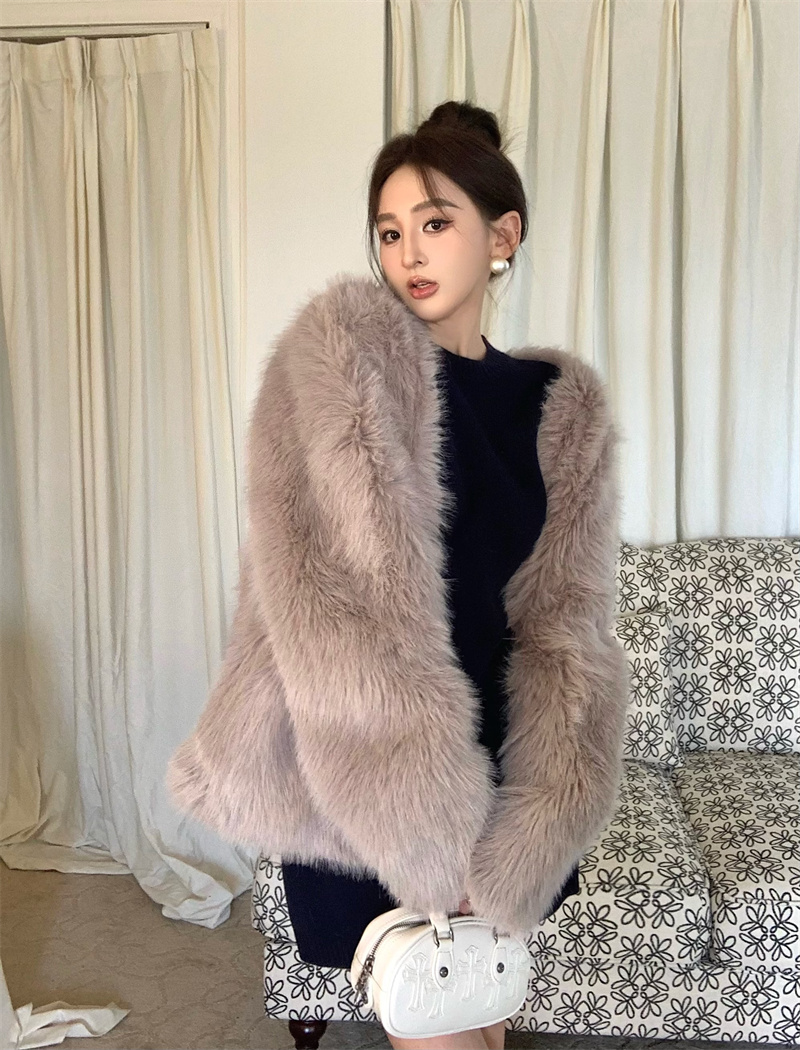 Real shot of elegant and slim pullover knitted sweater dress + imitation fur coat