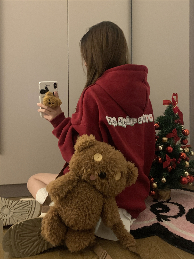 實拍~閨蜜男女同款加絨加厚趣味麻將印花寬鬆連帽衛衣