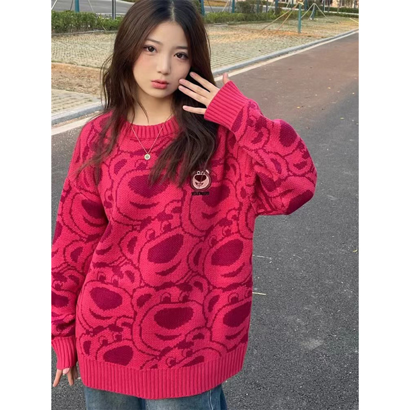 Autumn and winter new strawberry bear pullover sweater Korean style street niche design women's top lazy style knitted sweater