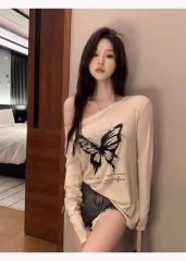 Official Photo Early Autumn New Pure Desire Bottoming Shirt Loose Slim Round Neck Irregular Butterfly Pattern Long Sleeves