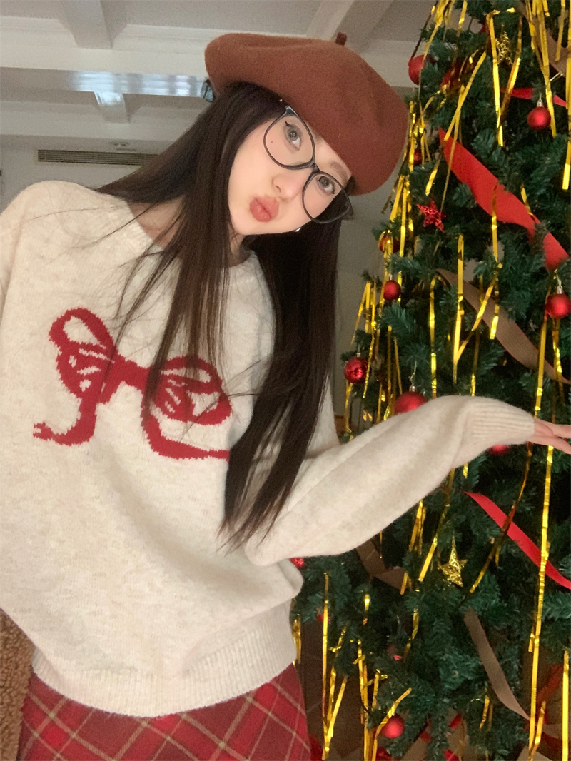 實拍 慵懶風秋冬氣質百搭圓領長袖蝴蝶結刺繡針織衫