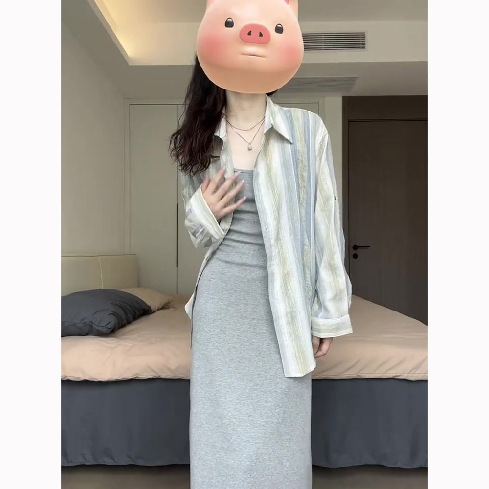 休閒通勤套裝裙女夏季修身彈性純色吊帶裙慵懶寬鬆條紋襯衫兩件套