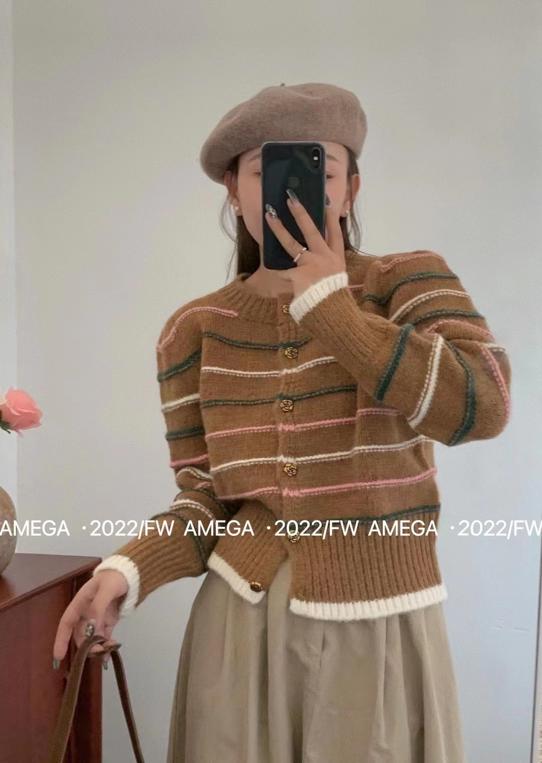 彩條紋針織衫女秋冬款韓系復古圓領溫柔風百搭單排扣開衫毛衣外套