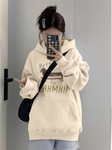 Official picture of apricot color hooded sweatshirt for women, American retro dachshund dog Christmas and New Year sweatshirt, autumn and winter thickened pullover hoodie