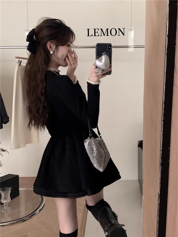 THE LEMON冬季氣質收腰絲絨連衣裙女韓版新款收腰顯瘦蓬蓬A字短裙
