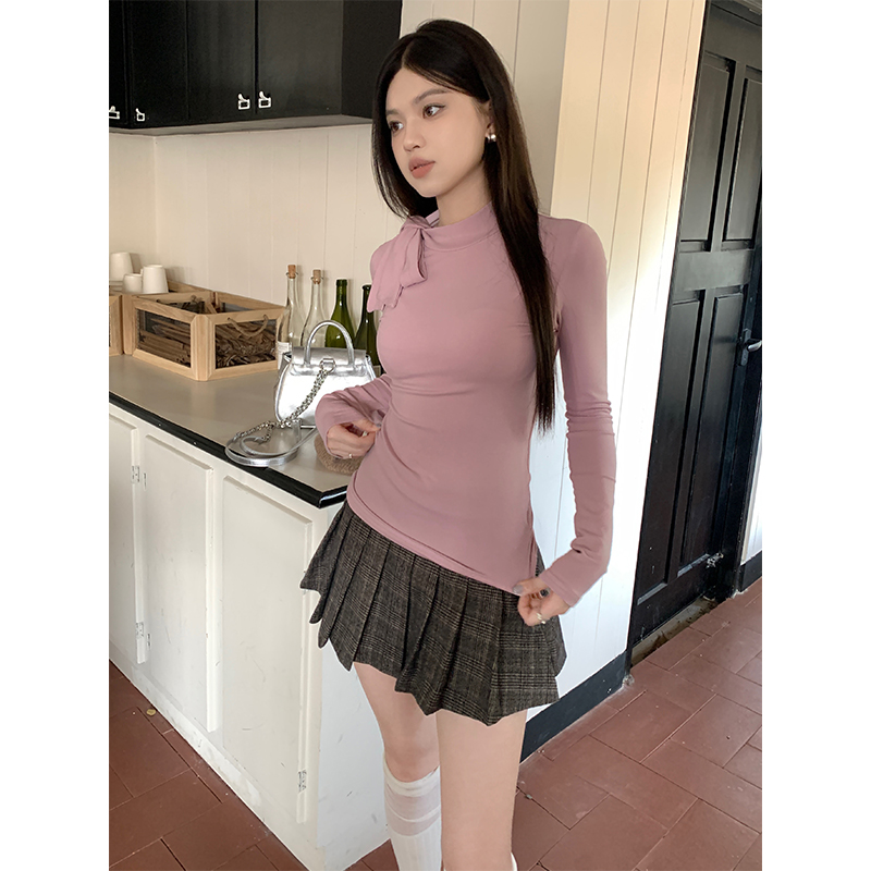 Real shot design solid color bow tie long-sleeved T-shirt autumn and winter slim bottoming shirt chic half turtleneck top