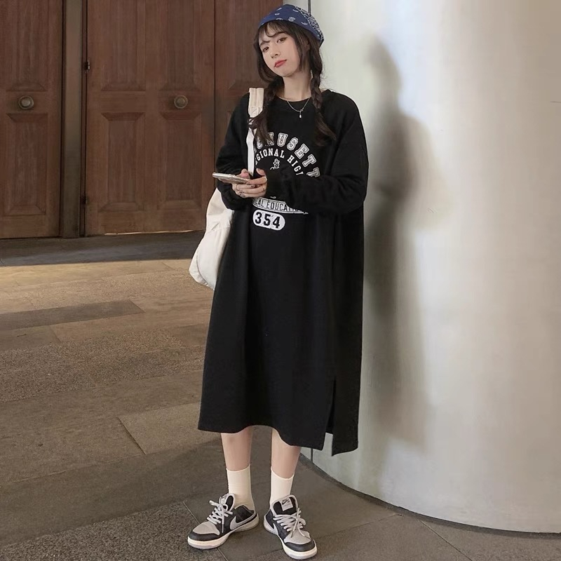 250g large sweatshirt winter Korean style round neck lazy style plus velvet thickened slit T-shirt sweatshirt skirt for women