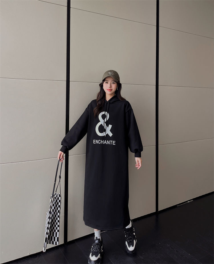 250g large sweatshirt double layer hat winter Korean style personalized letter slit plus velvet thickened sweatshirt skirt for women