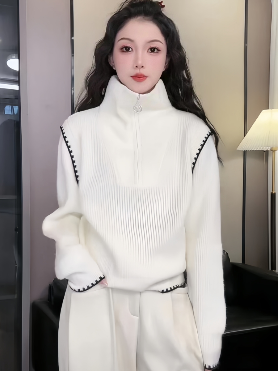 Fashionable and simple half-zip turtleneck sweater for women winter new niche versatile loose thickened sweater top