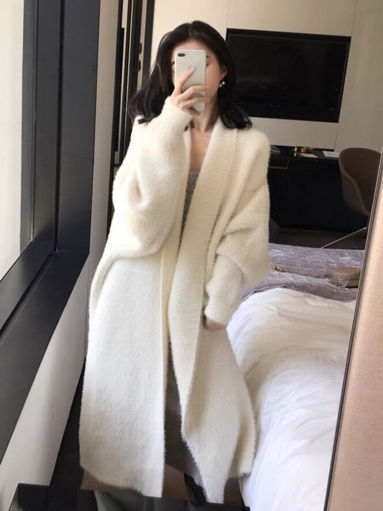 秋冬季超長款水貂絨毛衣開衫女寬鬆慵懶加厚針織外套氣質大衣