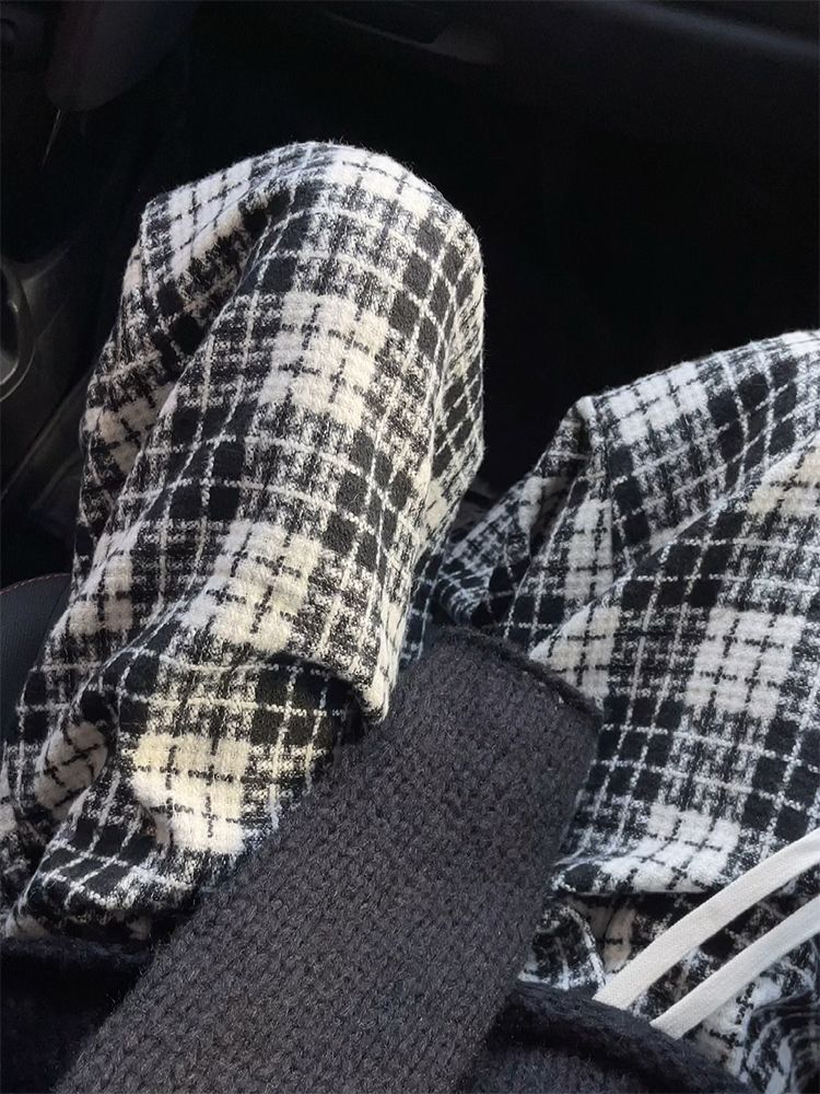 American retro plaid drawstring woolen casual pants for women 2023 autumn and winter high-waisted straight slimming thickened wide-leg pants
