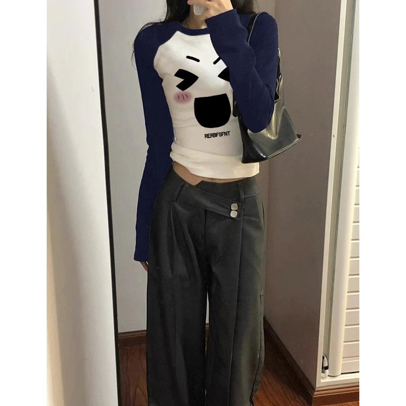 Shoulder bag collar sexy hot girl tight splicing long-sleeved T-shirt autumn short American sweet and cool bottoming shirt