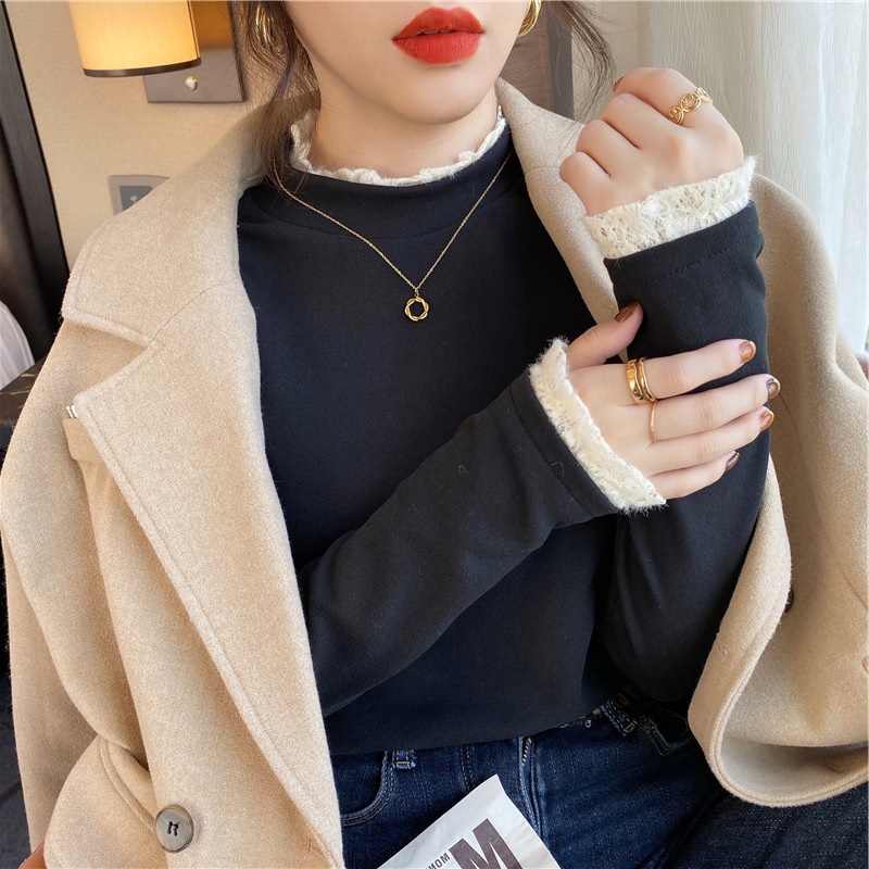 Wool velvet bottoming shirt half turtleneck autumn and winter new long-sleeved T-shirt lace style inner style new design T-shirt