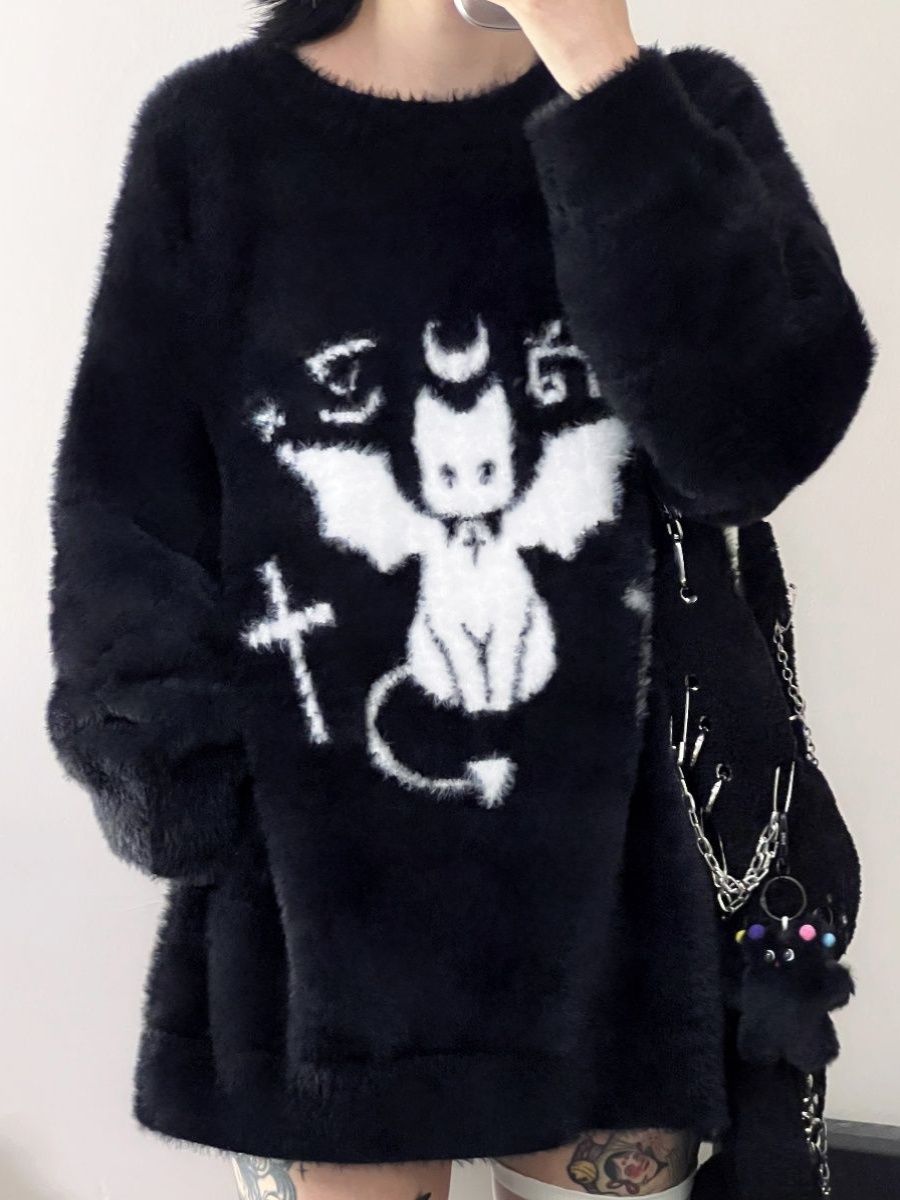Devil Cat Black Crew Neck Sweater Women's Furry Loose Mid-Length Loose Knitted Sweater Top