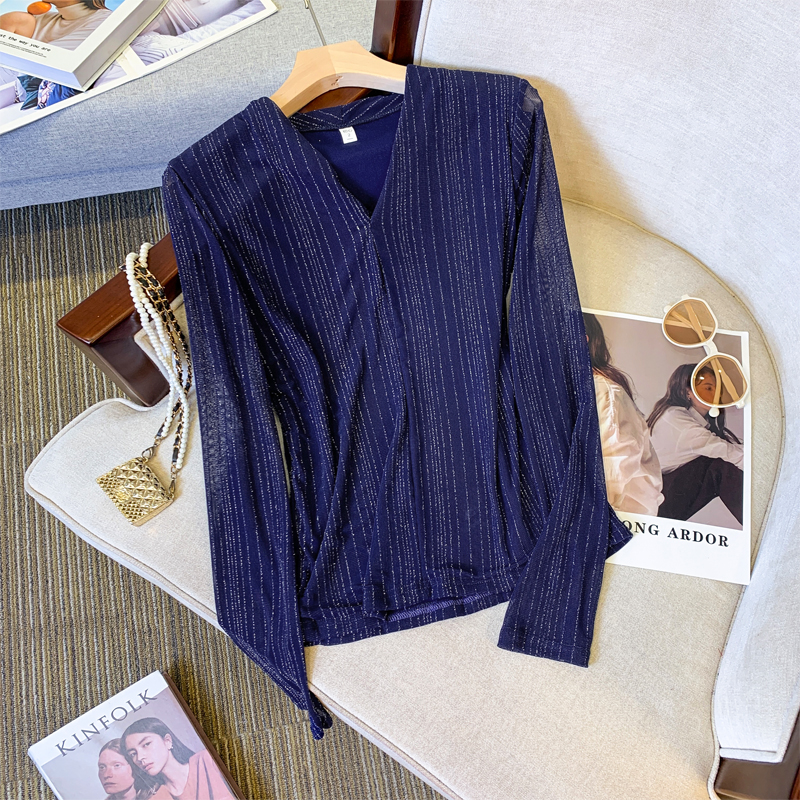 Mesh bottoming shirt for women early autumn 2024 new style foreign style small fragrant inner shirt long-sleeved high-neck internet celebrity top