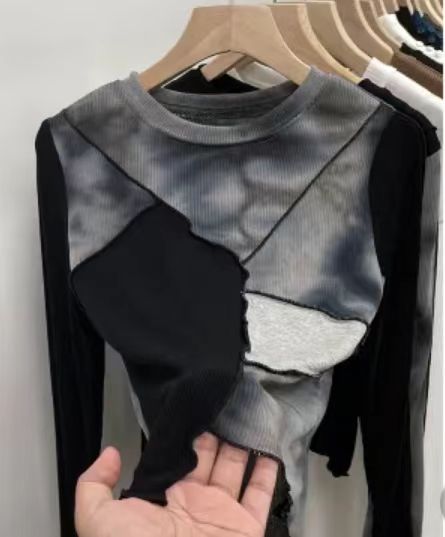 Autumn and winter European-style short style tie-dye unique design unique top threaded bottoming shirt for women with long-sleeved T-shirt