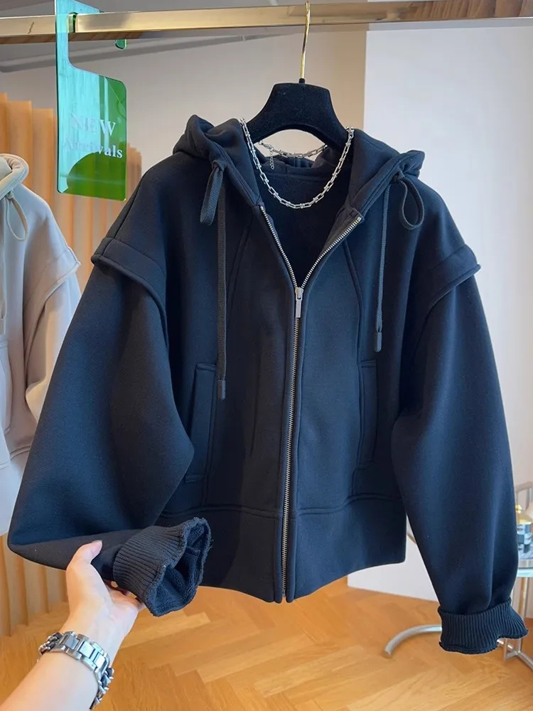 Korean style loose casual hooded cardigan sweatshirt for women 2023 new cardigan plus velvet thickened zipper jacket winter
