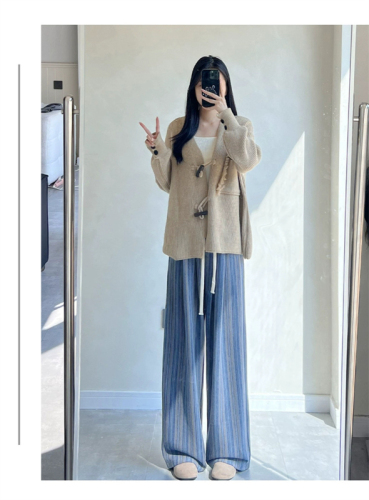 Official picture original fabric three-dimensional waist work woolen striped pants women's autumn and winter drape retro wide-leg pants