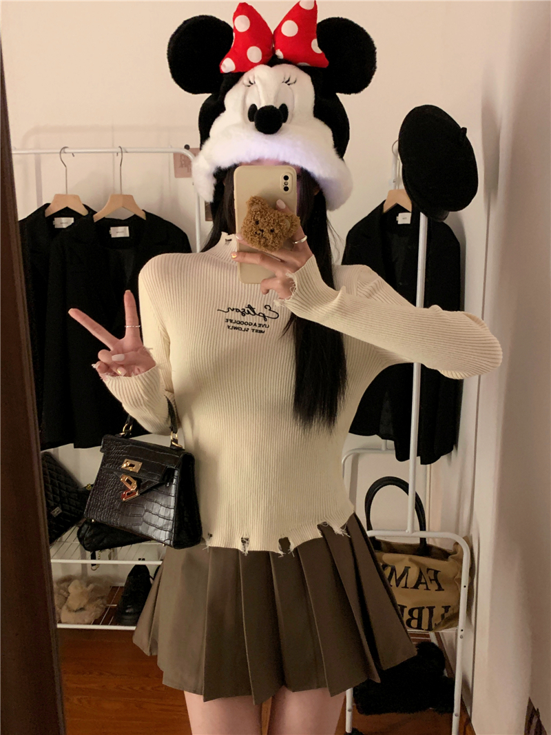 實拍 秋冬新款修身半高領復古設計感針織打底衫上衣毛衣女