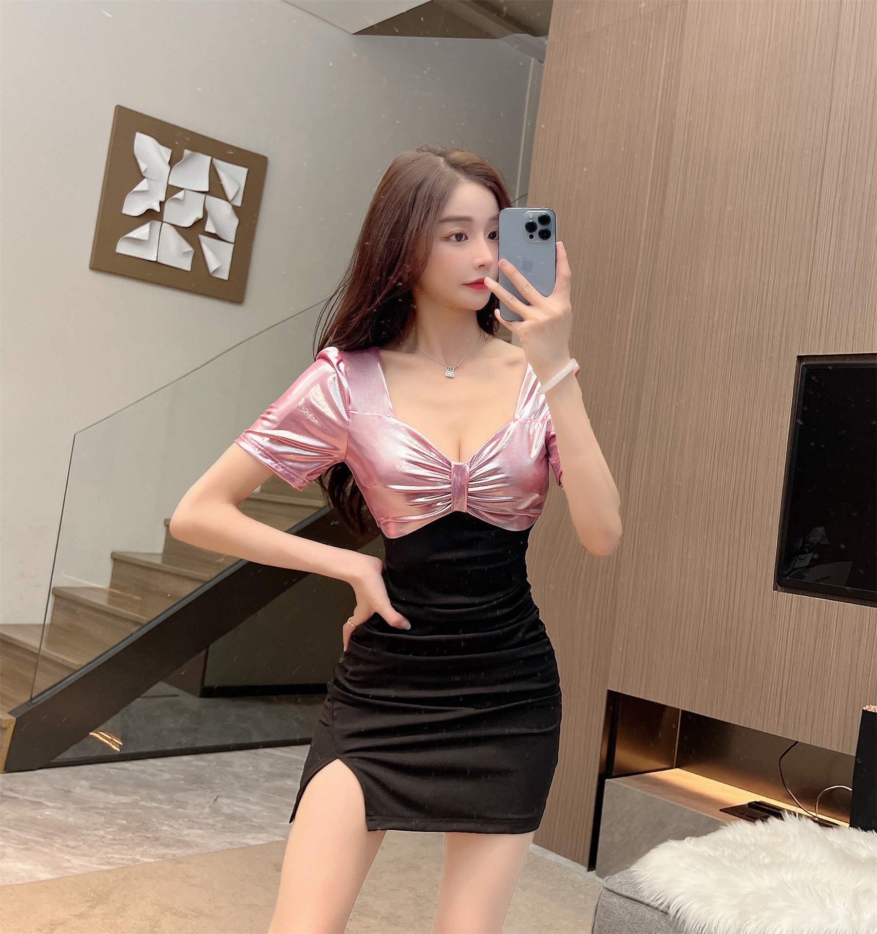 實拍夜場性感連衣裙時尚低胸亮面拼接包臀裙酒店工作服