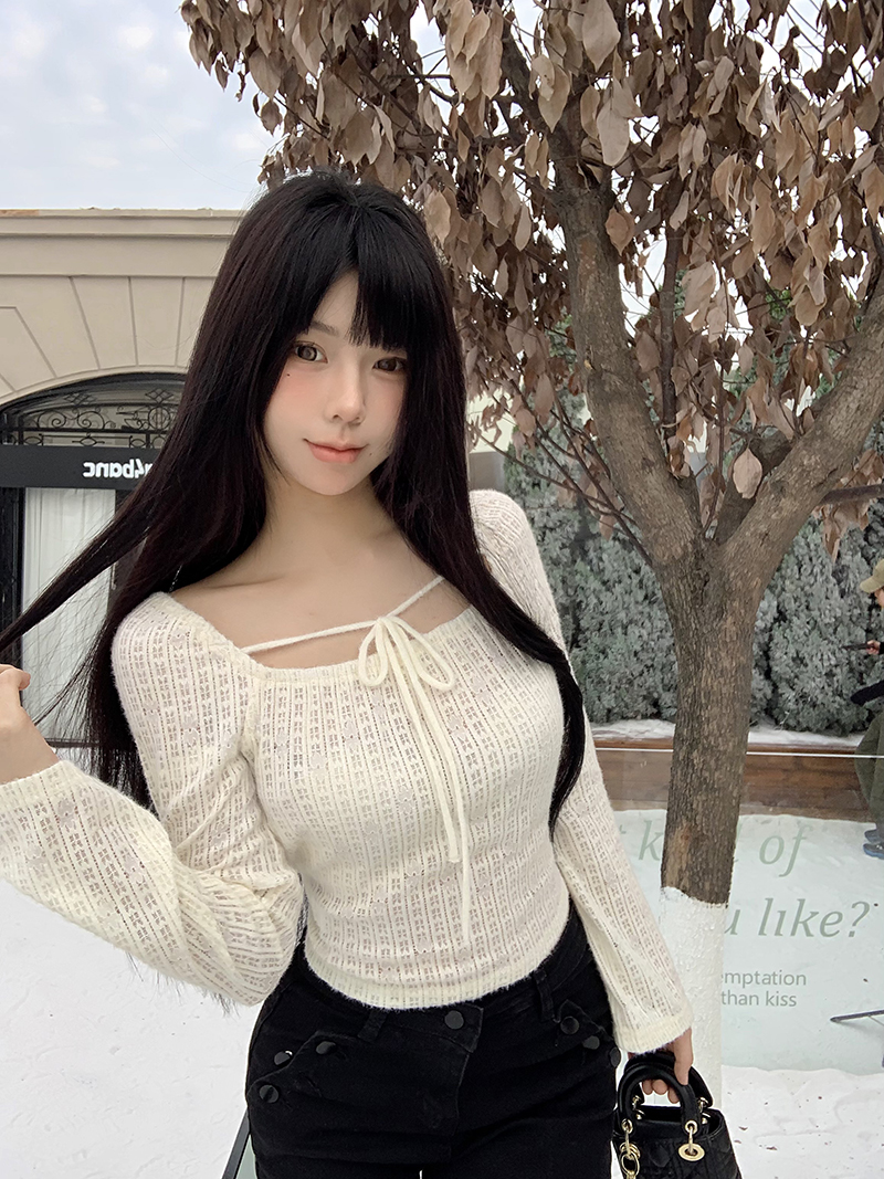 實拍小個子定製 諾斯米 早秋方領綁帶長袖蕾絲衫女別致上衣