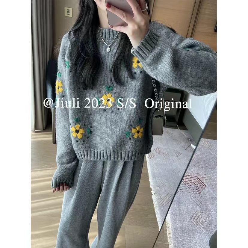 韓國東大門秋季新款重工手工鈎花立體刺繡鈎花套頭毛衣女