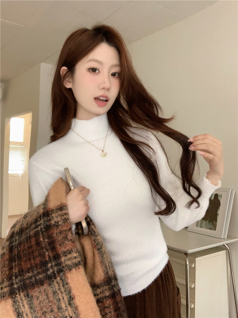 實拍 糯嘰嘰半高領仿水貂絨打底衫純色針織毛衣女