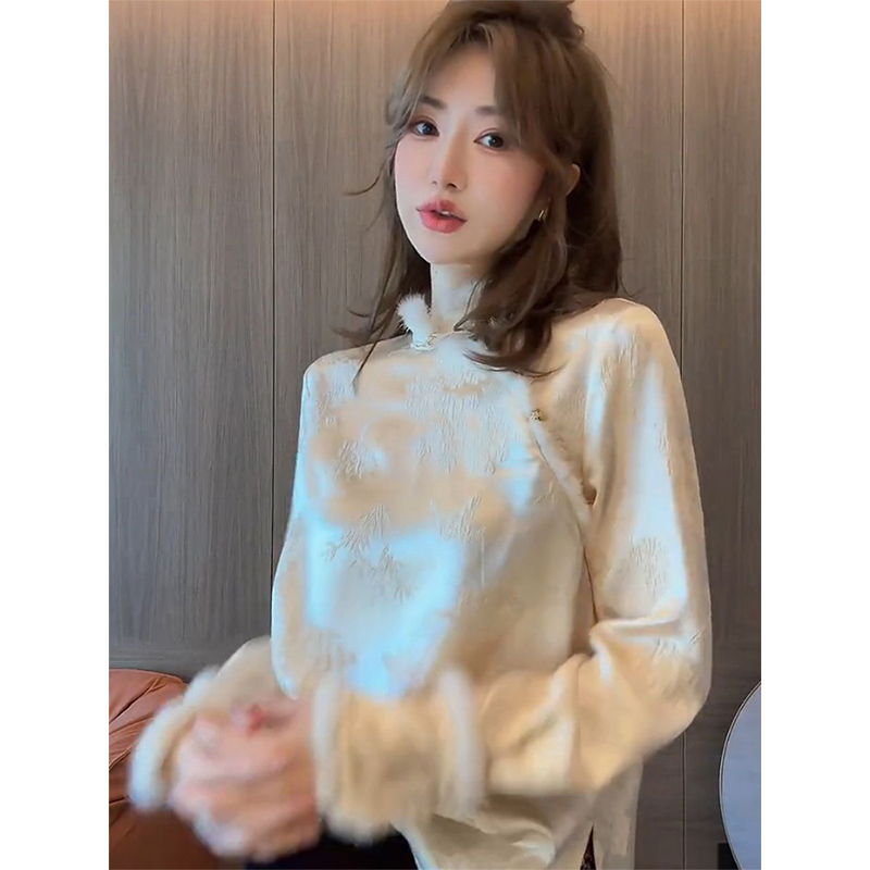 Quality Inspection Officer Picture New Chinese Style Women's Bottoming Shirt Winter Long-Sleeved Small Shirt Buttoned Cuffs Furry Top