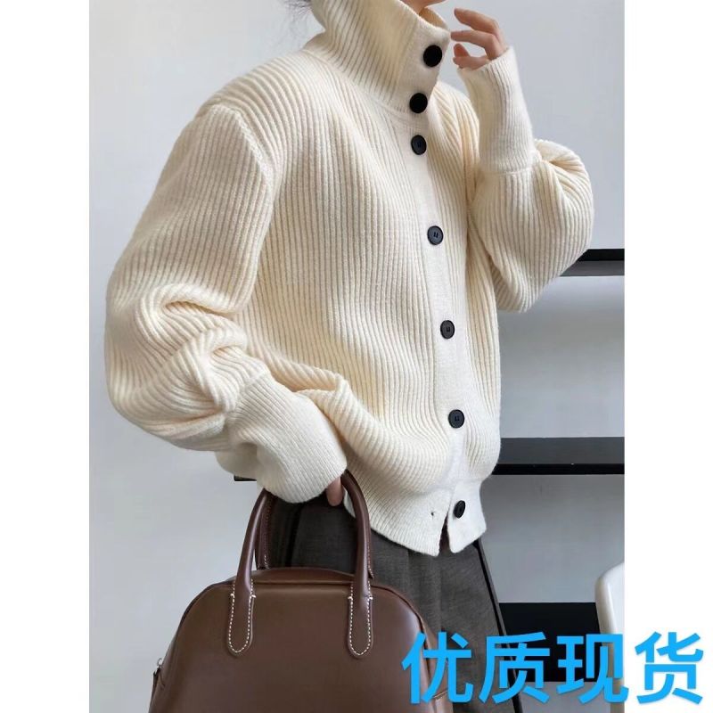 Thickened high collar knitted cardigan for women Korean style ins style lazy style single breasted sweater jacket white gray