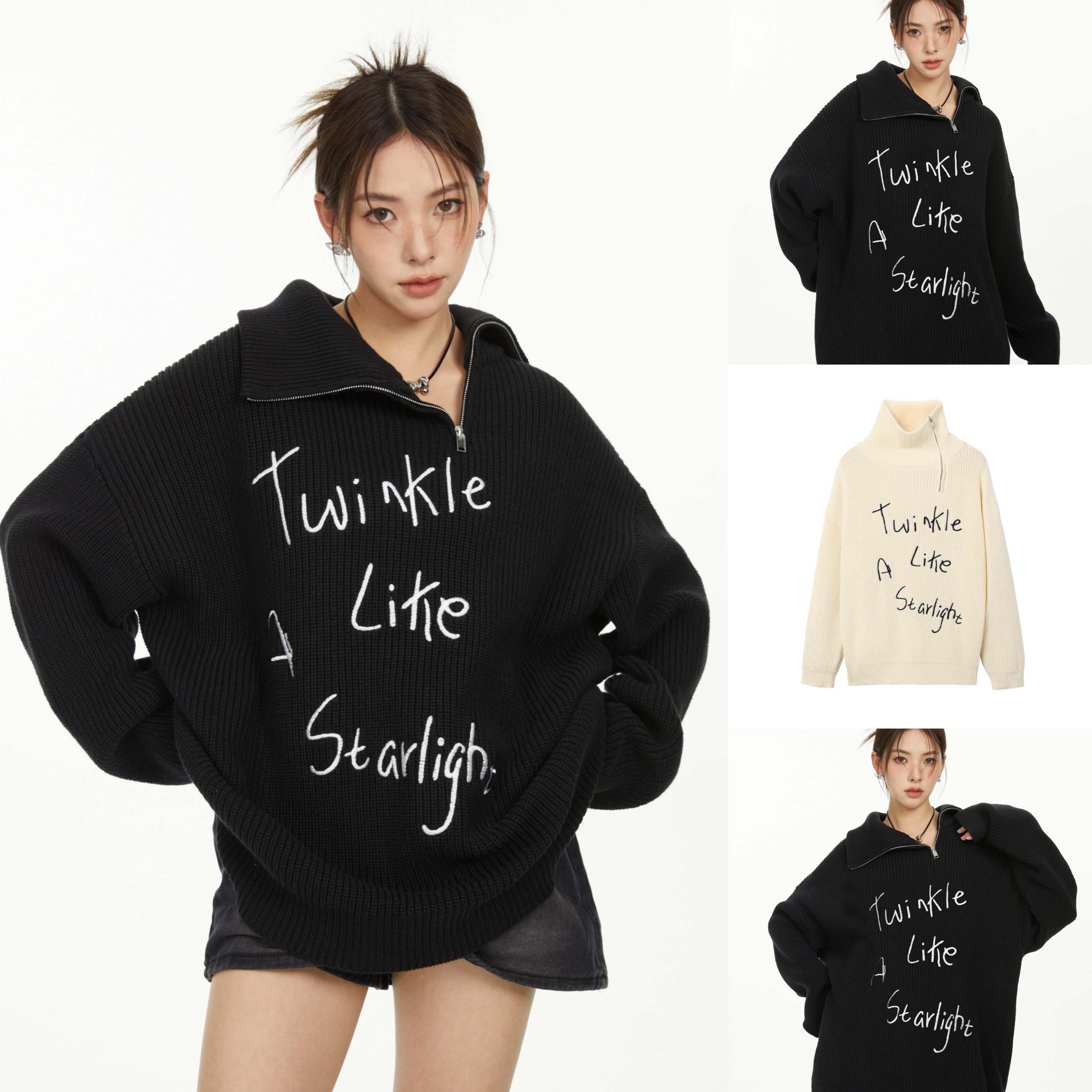 American High Street Turtleneck Sweater Women's Letter Jacquard Diagonal Zipper Design Knitted Sweater Loose Couple Top Jacket