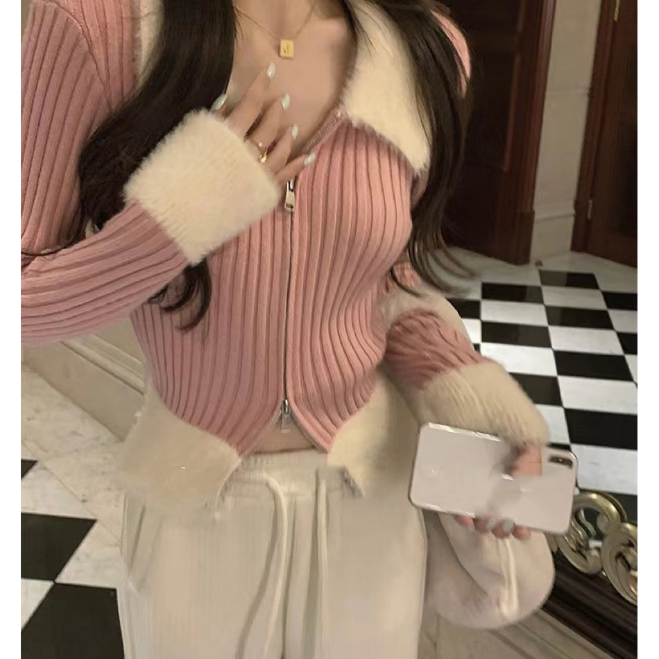 白水女 藍色拼接針織衫女秋冬顯瘦設計感毛毛領拉鏈開衫短款上衣