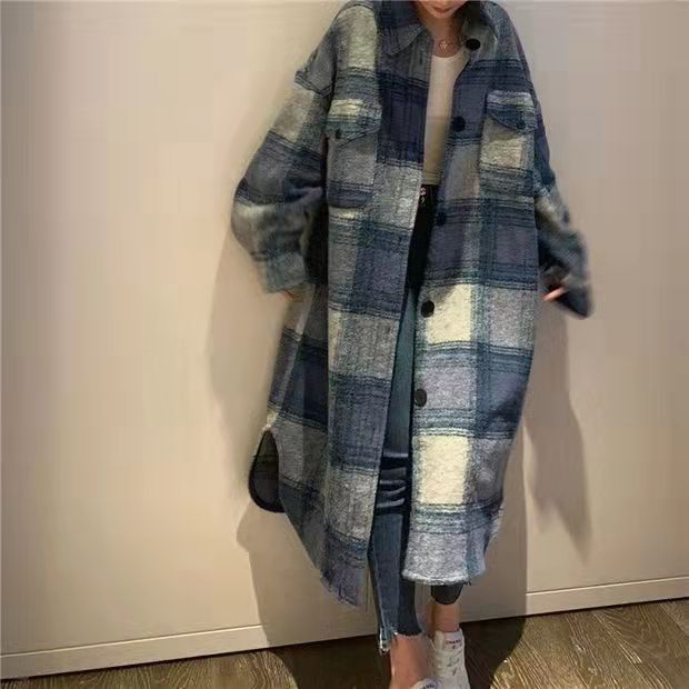 中長款格子襯衫女2023秋裝新款復古洋氣慵懶寬鬆廓形毛呢外套