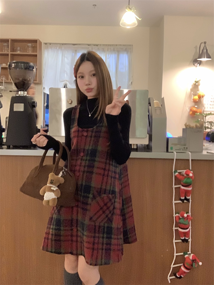 實拍！節日氛圍新年紅色格紋背心裙甜美可愛毛呢連衣裙