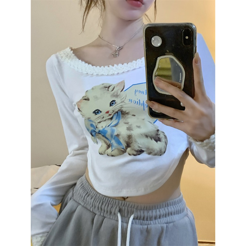 Official photo 6535 stretch cotton cute cat print long-sleeved T-shirt for women 2023 spring with halter neck