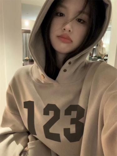 Real shot of large size American hooded mid-length sweatshirt for women 2023 loose oversize jacket casual top trendy