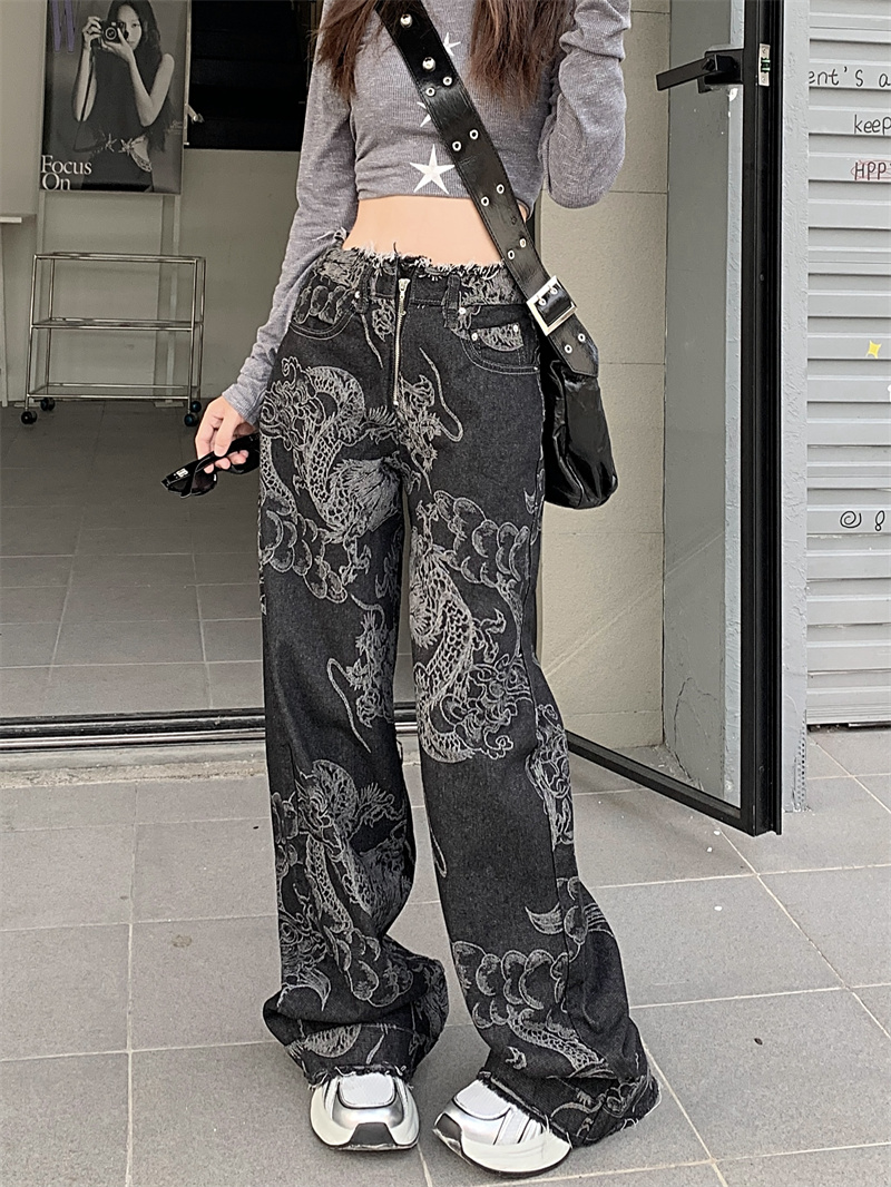 實拍！新款設計龍紋印花牛仔褲女高街辣妹寬鬆塗鴉牛仔褲