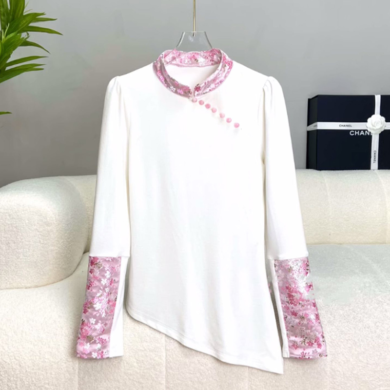 Quality Inspection Officer's Picture National Style Women's White Spliced ​​Diagonal Plep and Velvet Shirt Autumn and Winter New High-End Cheongsam Top Shirt