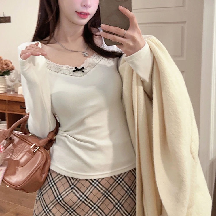 DeRong autumn and winter gray lace stitching brushed thickened bottoming shirt new ins outer wear long-sleeved T-shirt