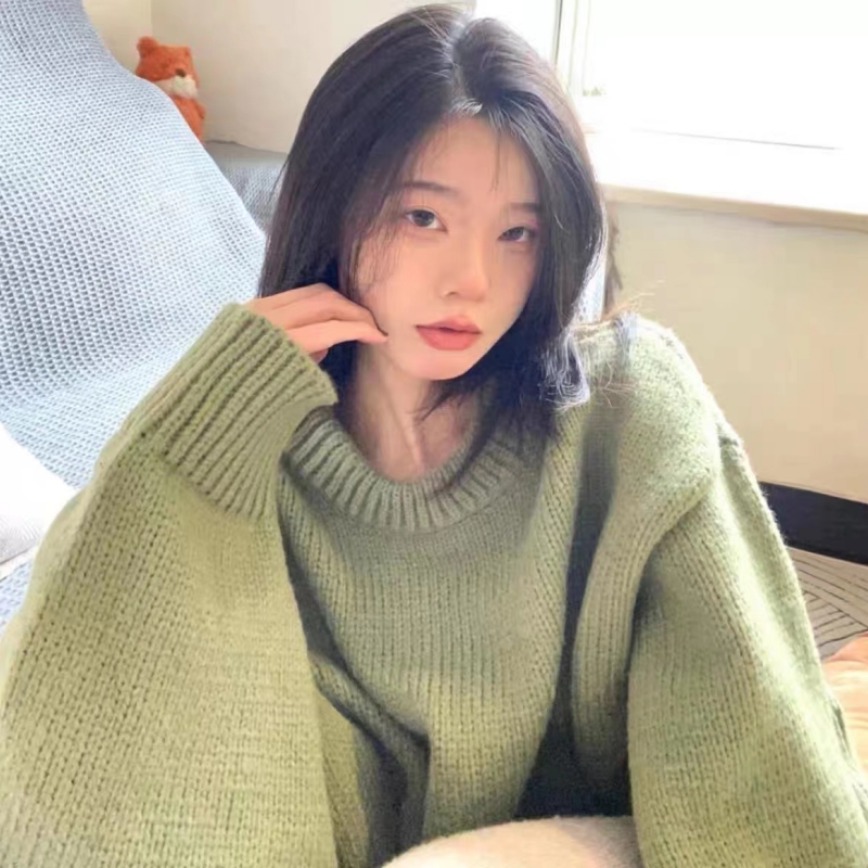 復古綠ins慵懶風圓領套頭毛衣女秋冬寬鬆加厚長袖針織衫上衣潮