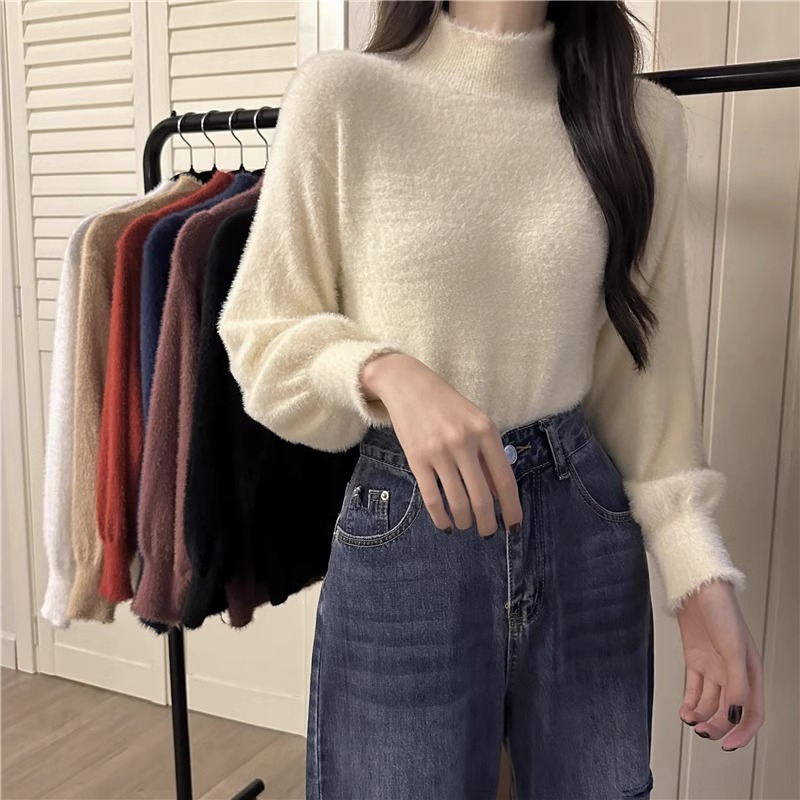 毛衣女秋冬韓版半高領設計感小眾仿水貂絨內搭打底衫純色針織上衣