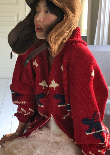 韩国chic冬日圣诞重工气质翻领加厚保暖拉链毛衣外套女针织开衫