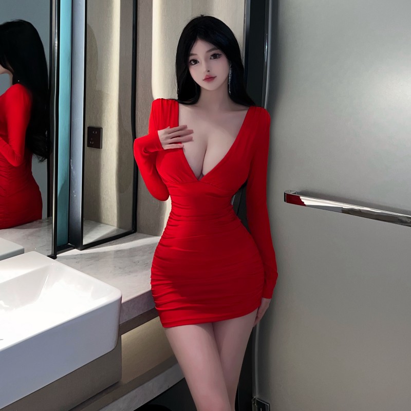 實拍~辣妹性感夜店深v低胸緊身包臀長袖紅色夜場足浴按摩連衣裙女