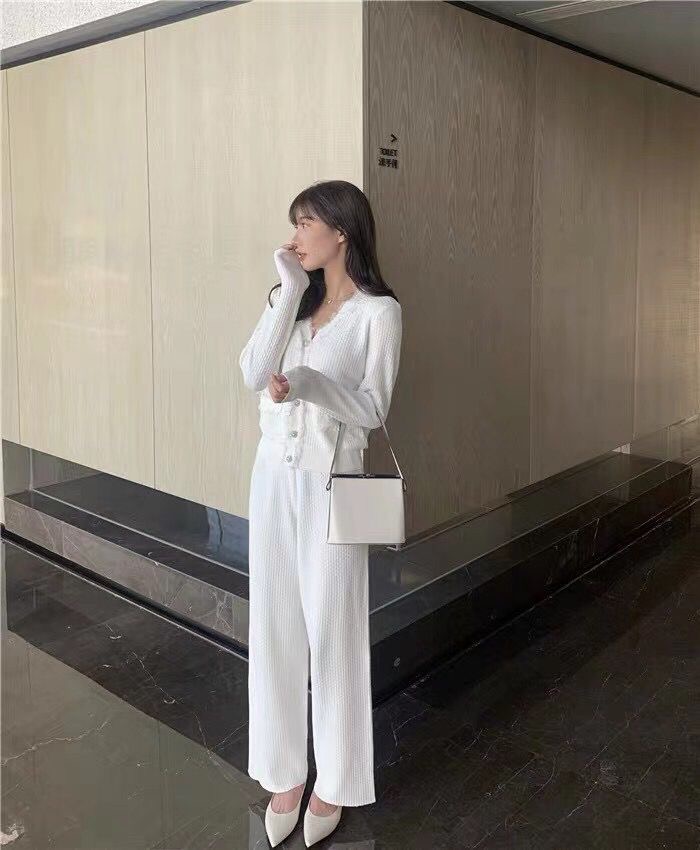 白色流蘇小香風針織兩件套女裝高級感冬裝輕熟御姐毛衣休閒套裝