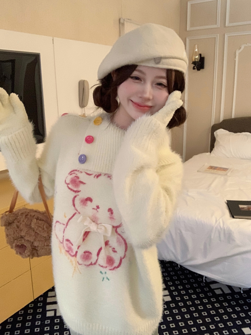 高質量仿貂毛高領毛衣女秋冬甜美軟糯卡通提花長袖針織上衣