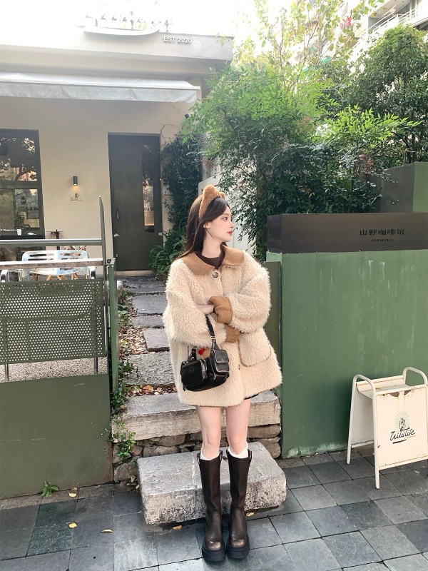 Zzhen11/27 10點冬日熱可可/皮毛一體翻領羊羔毛中長款厚外套