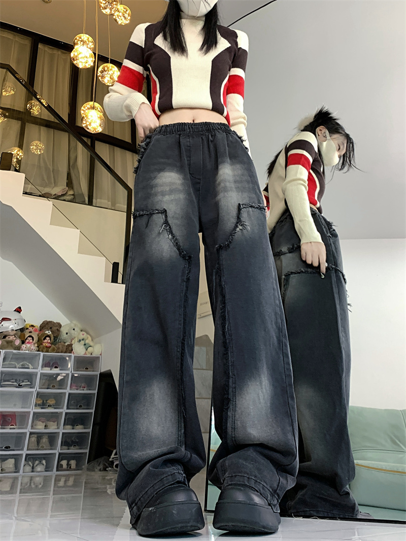 實拍！新款復古牛仔褲女街頭毛邊寬鬆直筒休閒褲情侶