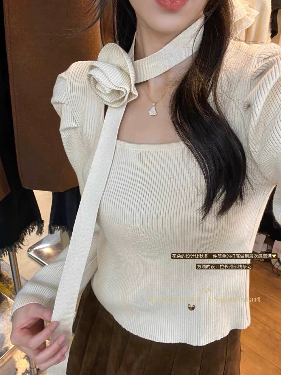 Ladylike temperament flower scarf puff sleeve sweater winter western style slim square collar clavicle long-sleeved top bottoming shirt